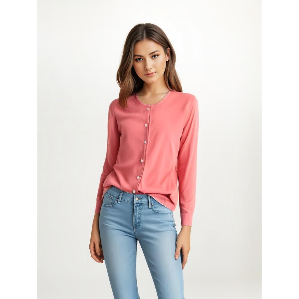 Lands' End Women's Medium Pink Button-Up Cardigan Sweater Long Sleeve