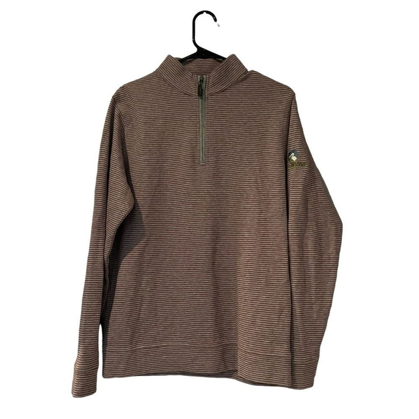 Horn Legend Sweater Mens Medium Brown Tan Striped 1/4 Zip Mock Neck Pullover