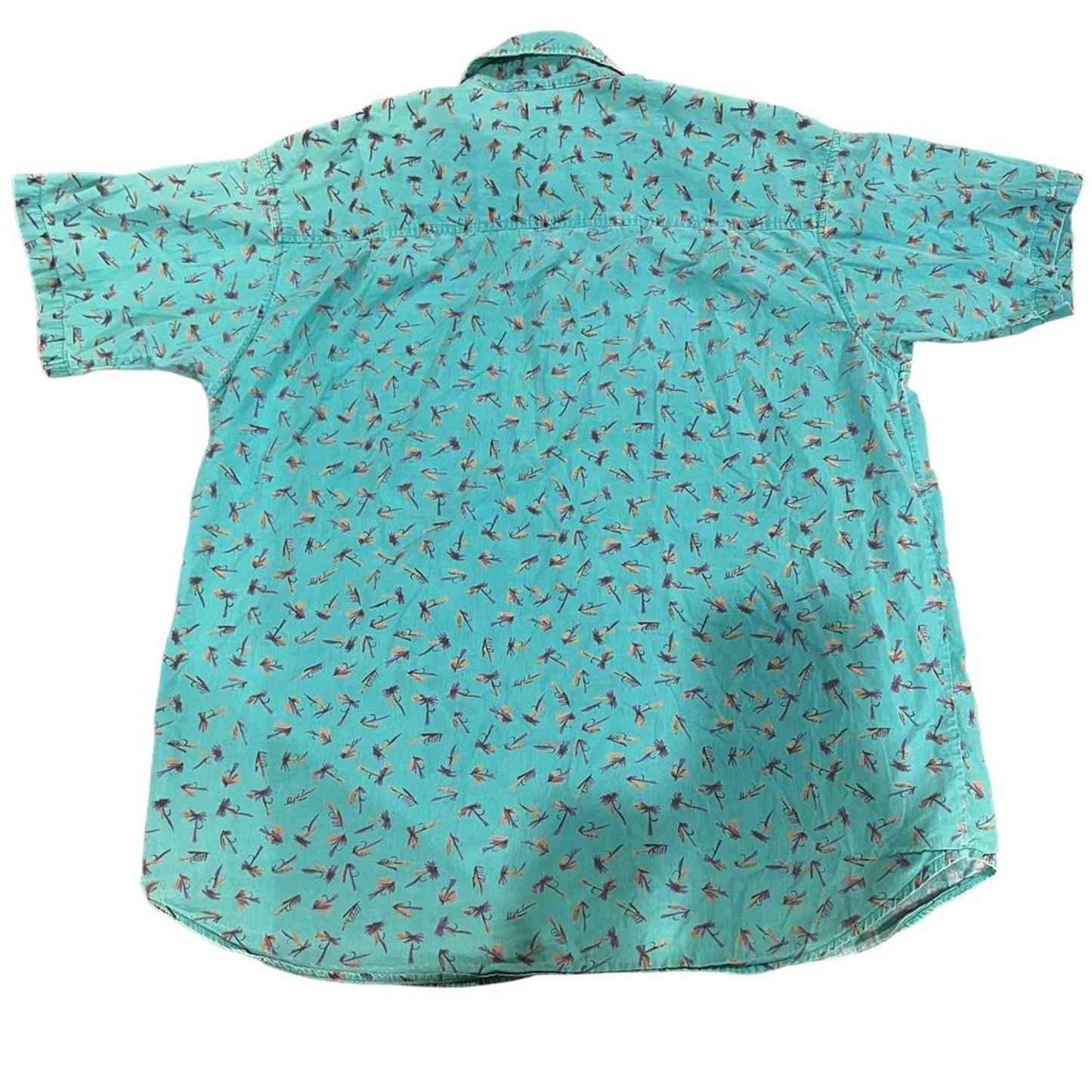 Columbia Button-Up Shirt Mens XL Turquoise Fly Fishing Lure Print Short