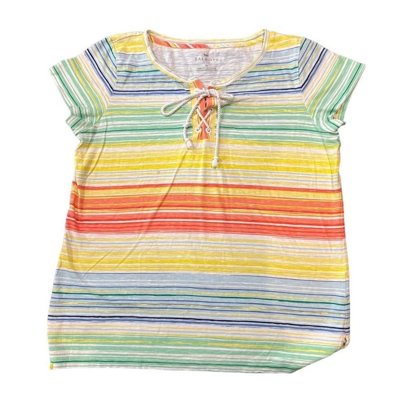 Talbots Petites T-Shirt Womens Small Multicolor Rainbow Stripe Lace-Up Neck