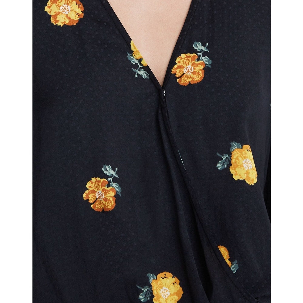 Madewell Women's Small Black Floral Wrap V-Neck Balloon Sleeve Blouse