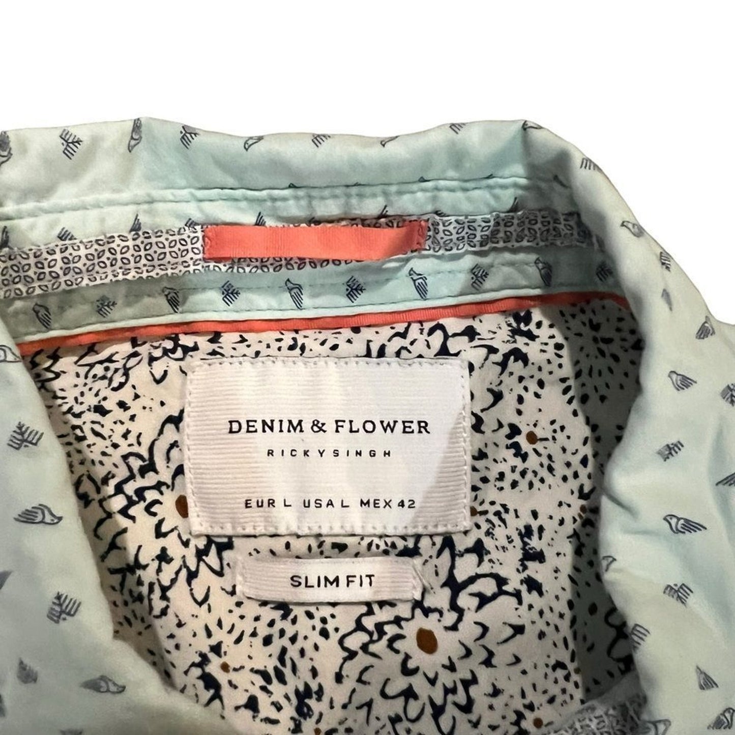 Denim & Flower Men's Slim Fit Button-Up Shirt Light Blue Fish Print Size Large