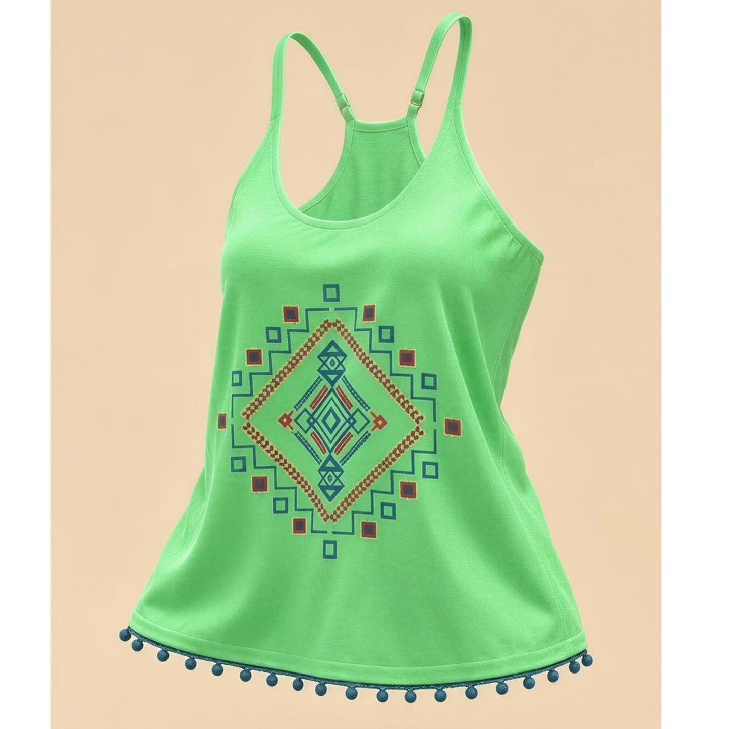 NWT KORI America Tank Top Womens Large Bright Green Racerback Boho Tassel Hem