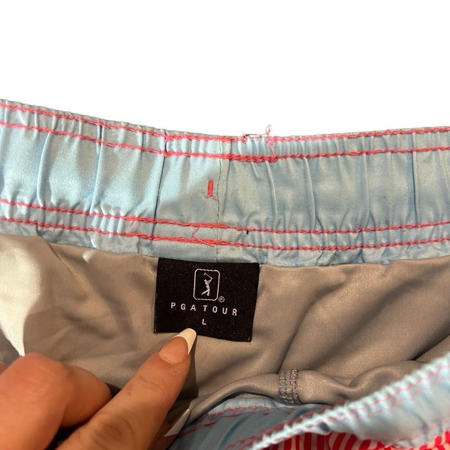 PGA TOUR Mens Board Shorts Swim Trunks Size Large Red White Stripe Blue Waist