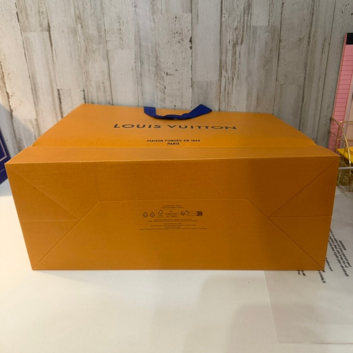 Louis Vuitton Large Shopping Gift Bag Orange Blue Ribbon Handles 16x13
