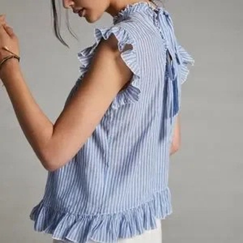 Anthropologie Womens Small Uli Ruffled Peplum Blue Striped Flutter Sleeve Blouse