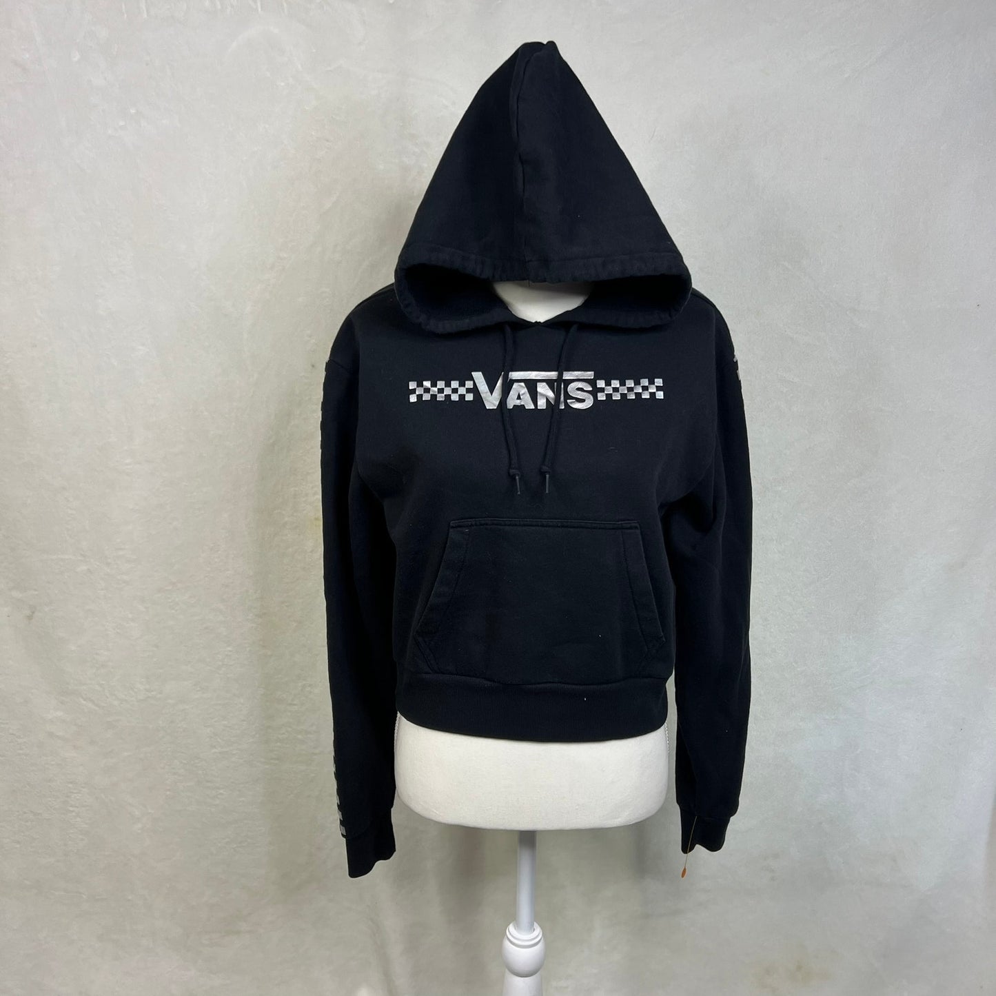 Vans Women's XS Black Shine It Cropped Checkerboard Sleeve Pullover Hoodie