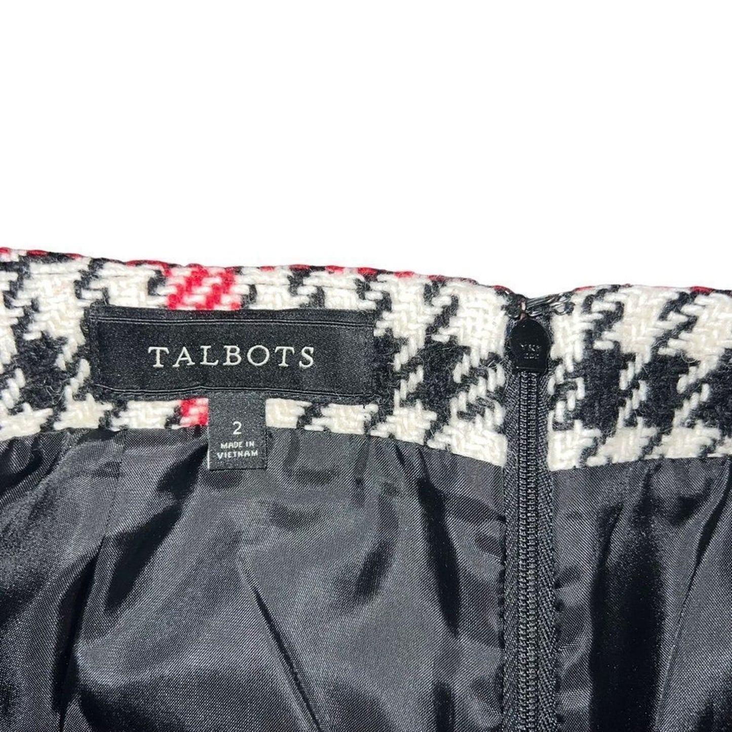 Talbots Skirt Women's Size 2 Black White Red Plaid Wool Houndstooth Knee Lined