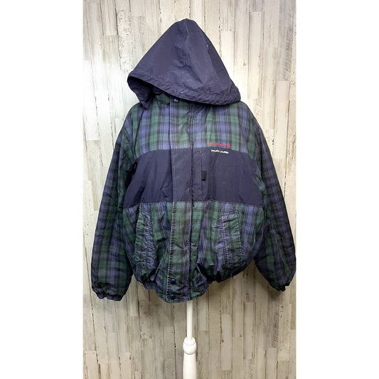 Chaps Ralph Lauren Men's Green Plaid Down Puffer Jacket Large Hooded Winter Coat