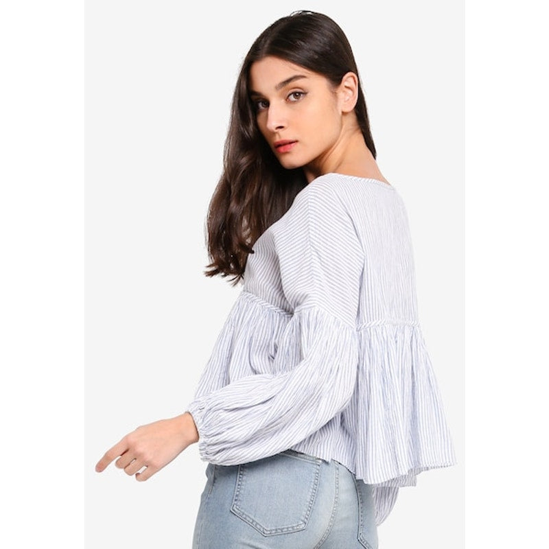 Free People Beaumont Mews Blue White Striped Peasant Top Crop Blouse Size Small