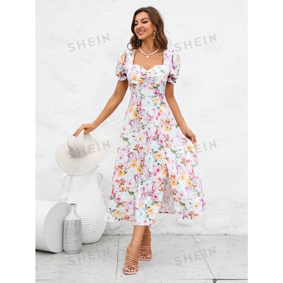 SHEIN Women's Small Floral Puff Sleeve A-Line Multicolor Spring Midi Dress