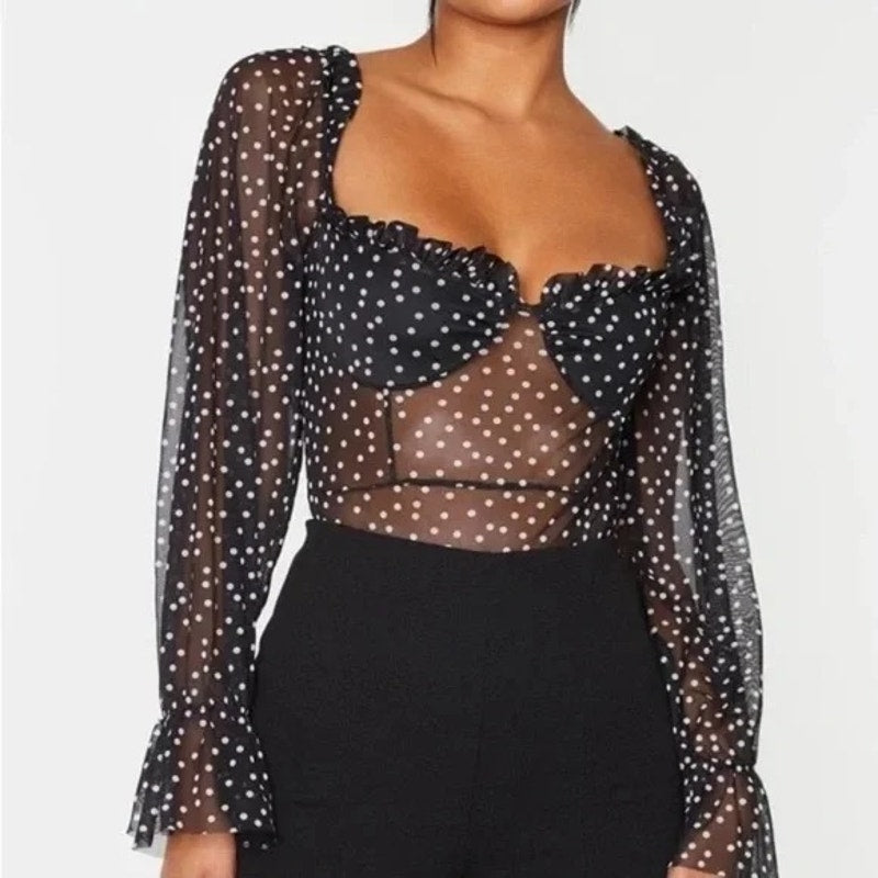 PrettyLittleThing Women's Black Polka Dot Mesh Milkmaid Bodysuit Size 4