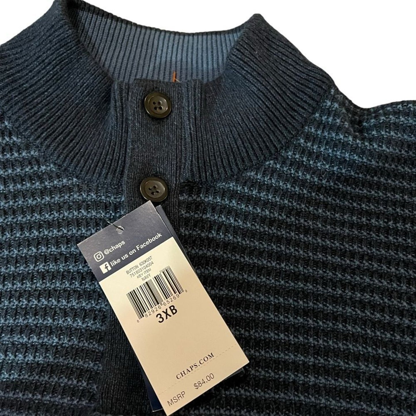 NWT Chaps Henley Sweater Mens 3XB Navy Blue Textured Knit Suede Elbow Patches