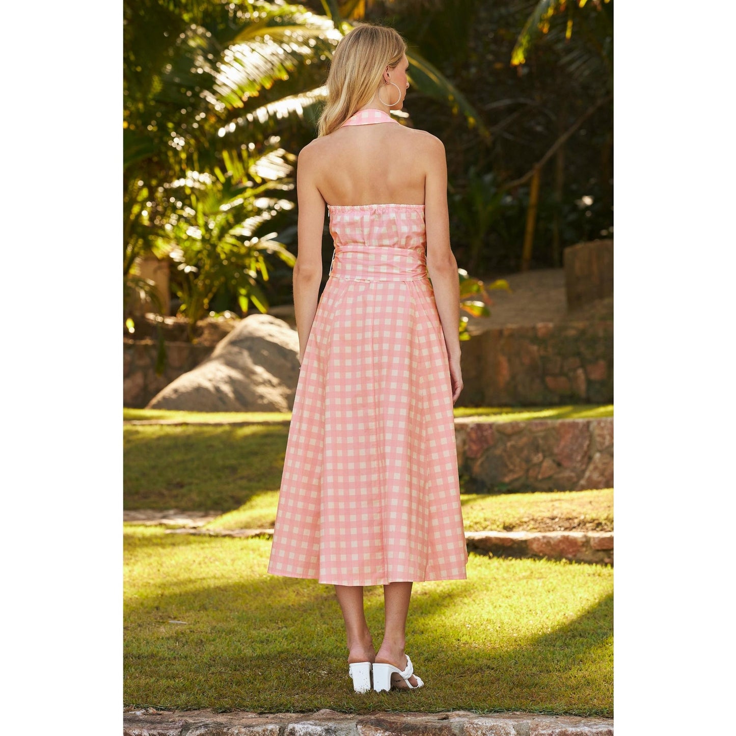 Boston Proper Women's Pink Gingham Halter Midi Dress Size 6 Casual