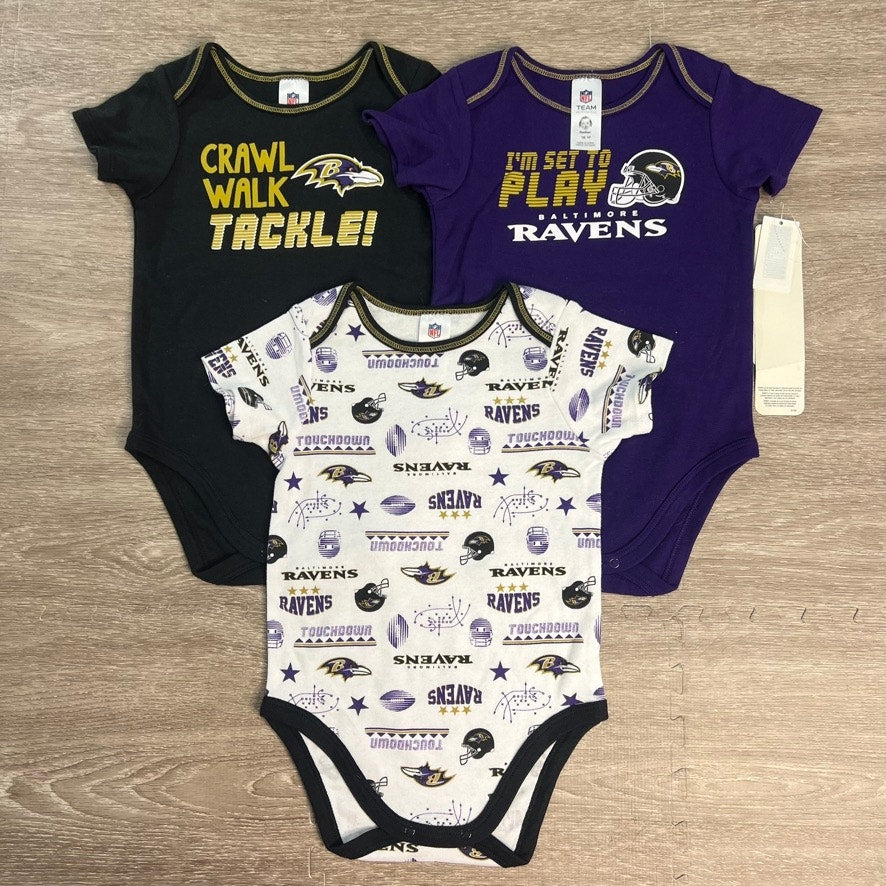 NWT Gerber NFL Baltimore Ravens Baby Bodysuits Onesies 3-Pack Size 18 Months