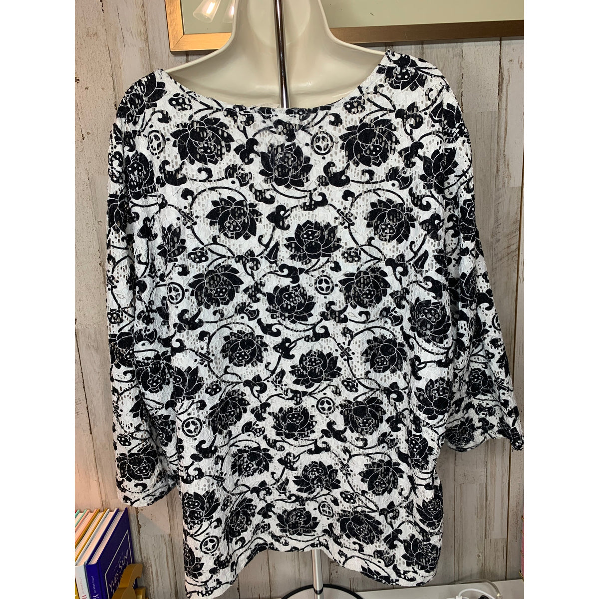 Rebecca Malone Tunic Blouse Womens Plus 3XL Black White Floral 3/4 Sleeve