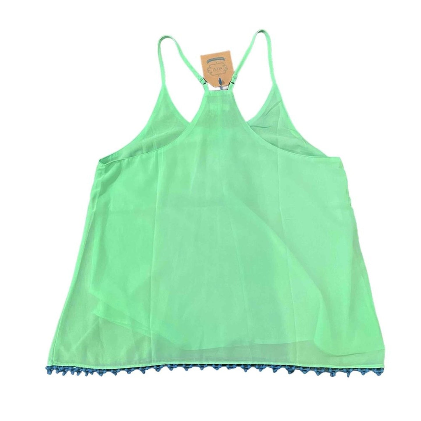 NWT KORI America Tank Top Womens Large Bright Green Racerback Boho Tassel Hem