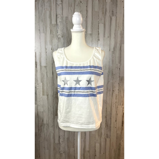 Lizwear Women's Size Large White Tank Top Blue Stripes & Stars Sleeveless Casual