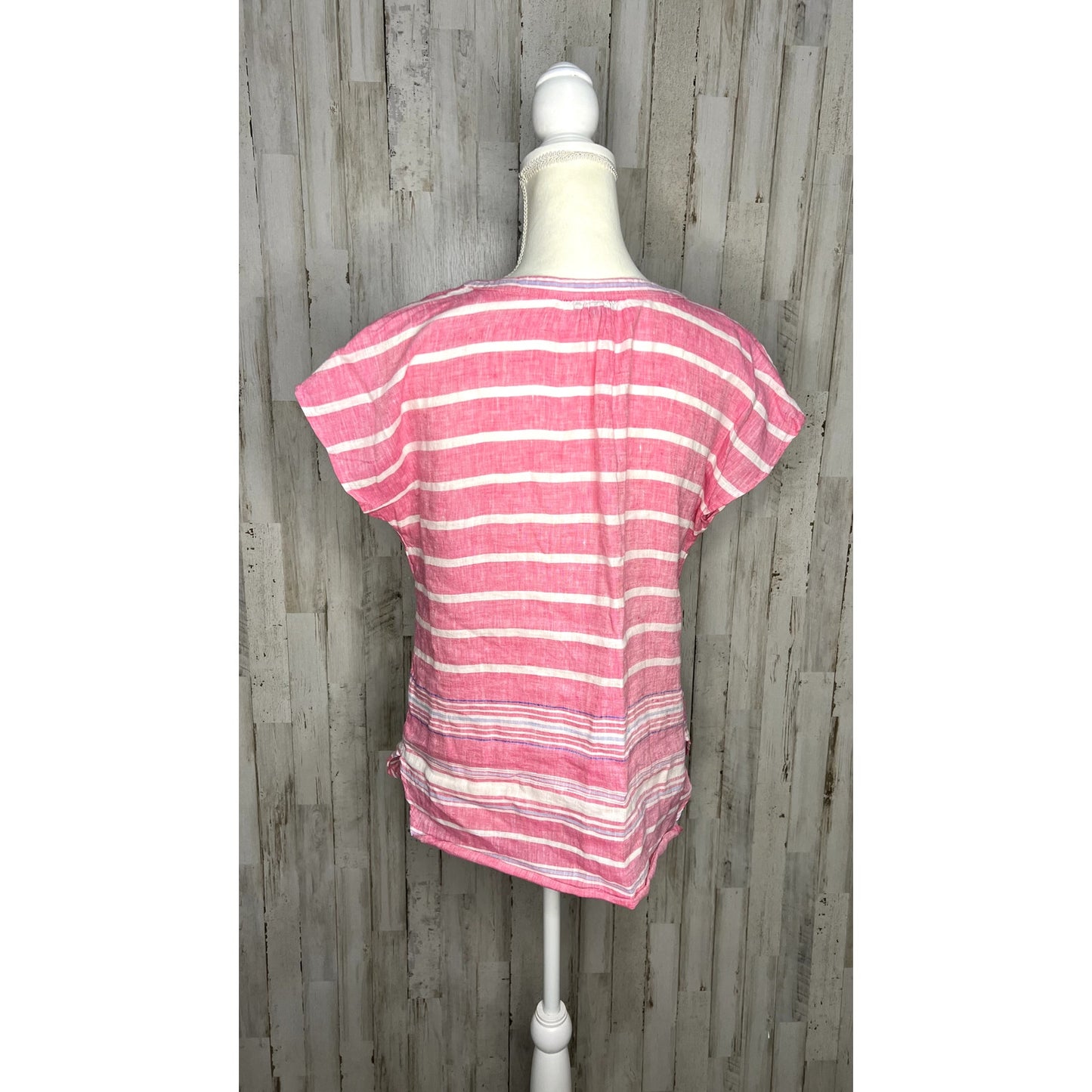 Talbots Women's Petite Pink Striped Linen Blouse Short Sleeve Top Small