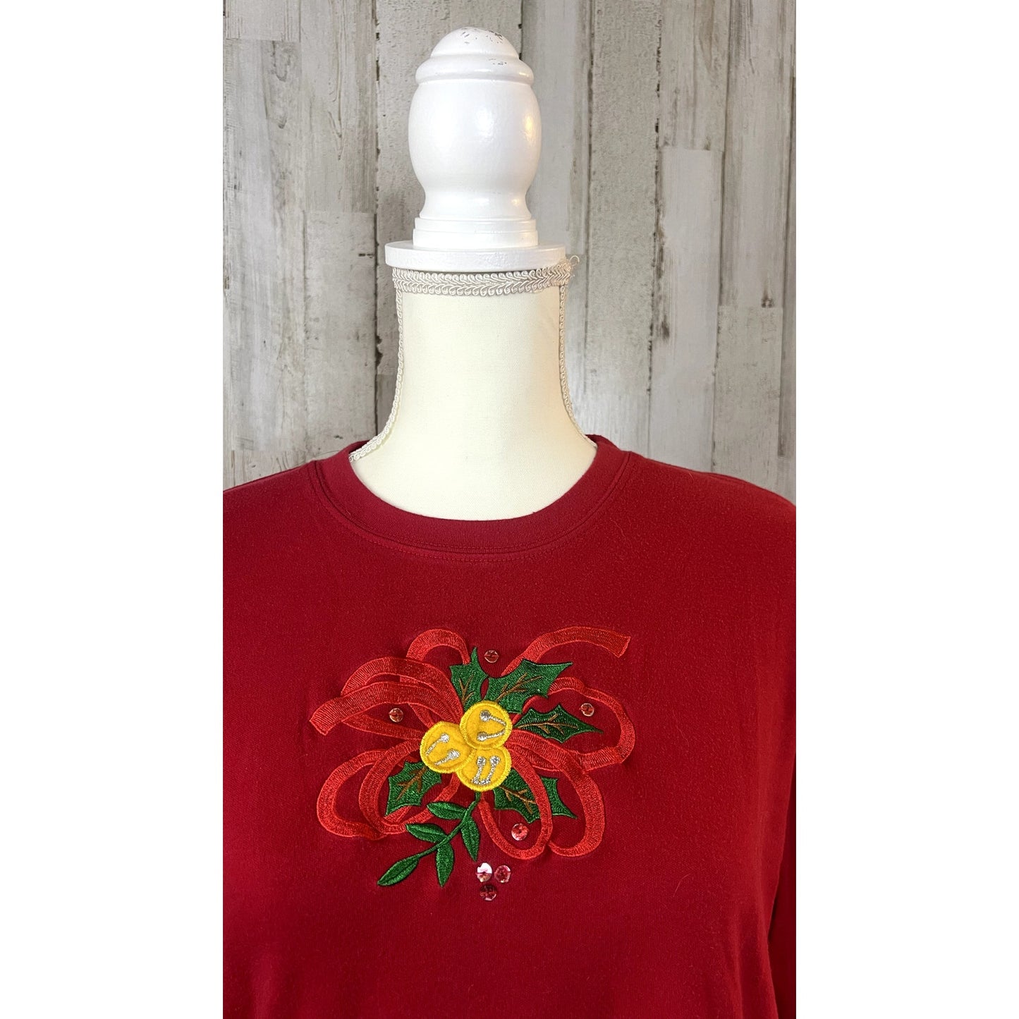 Vintage Studio Joy Womens XL Red Floral Embroidered Long Sleeve Pullover T-Shirt