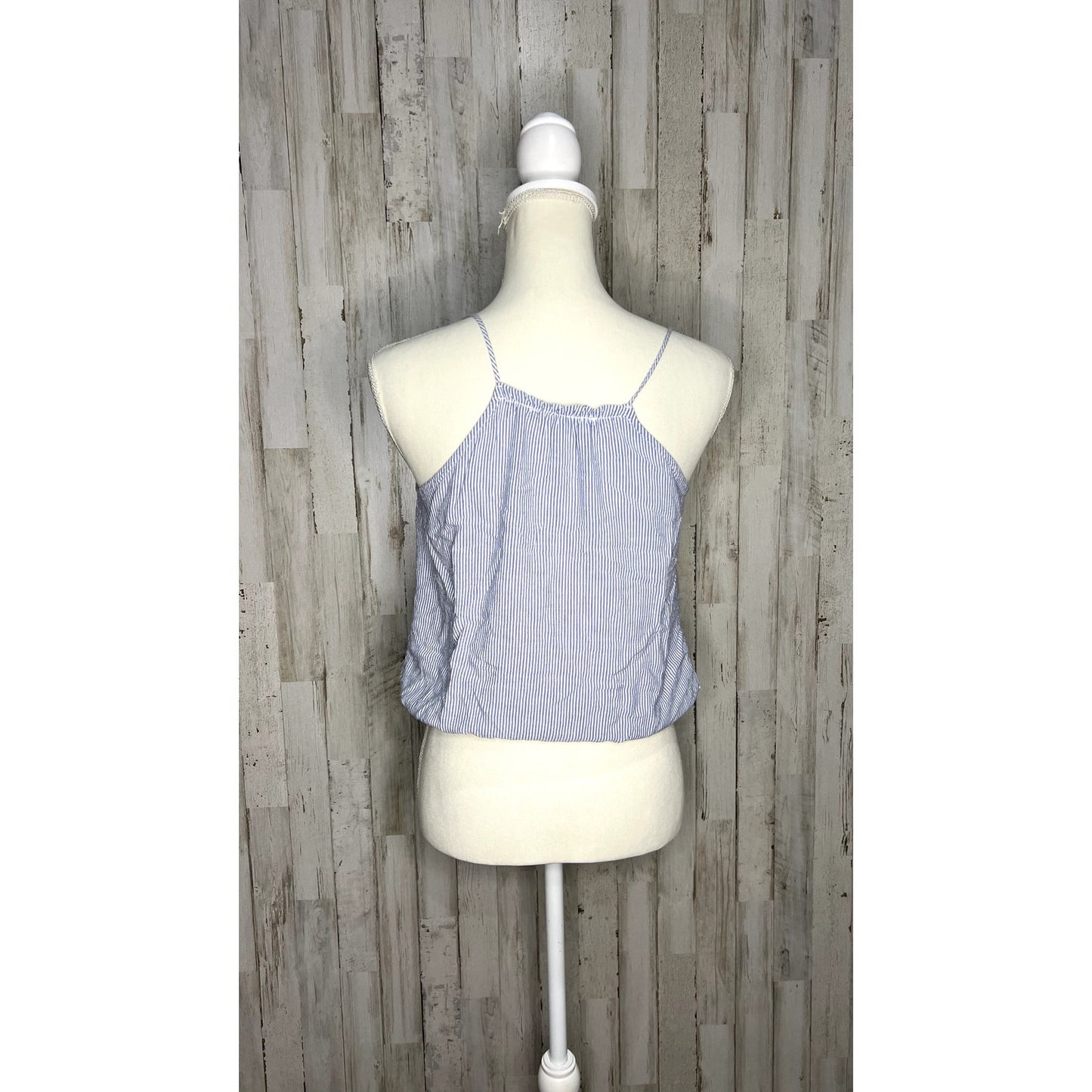 Brandy Melville Women's OSFM Blue/White Striped Wrap Cropped Tank Top