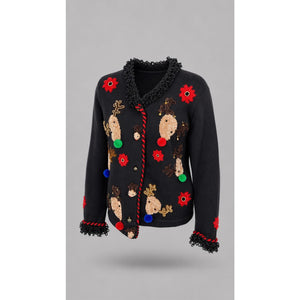 Jack B. Quick Cardigan Sweater Womens Petite Small Black Reindeer Christmas