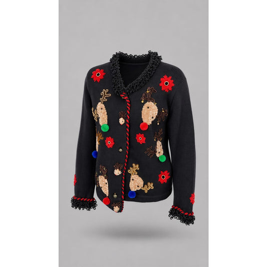 Jack B. Quick Cardigan Sweater Womens Petite Small Black Reindeer Christmas
