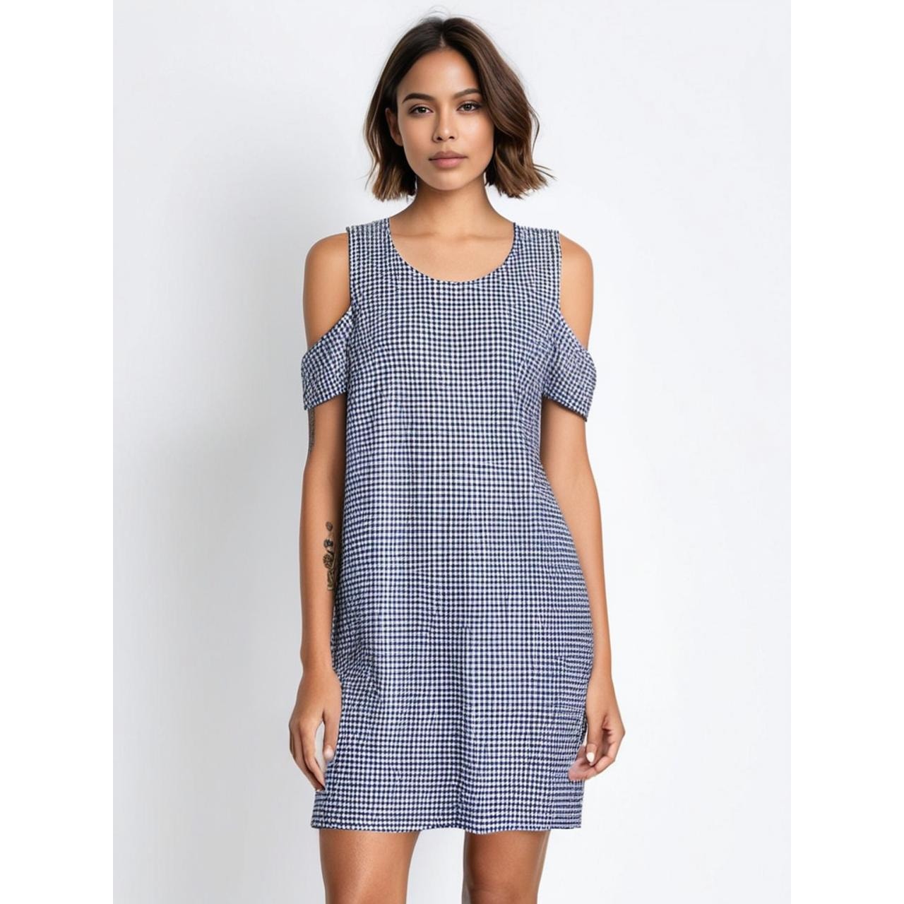 Espresso Women's Blue Gingham Cold Shoulder Knee Length Dress Size Large