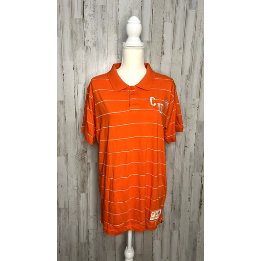 J. America Clemson CU Men's Large Striped Polo Shirt Orange Short Sleeve Casual