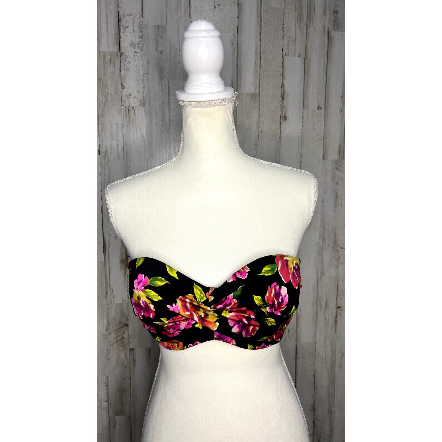 Victoria's Secret Floral Padded Strapless Bikini Top Black/Pink Print Size 36C