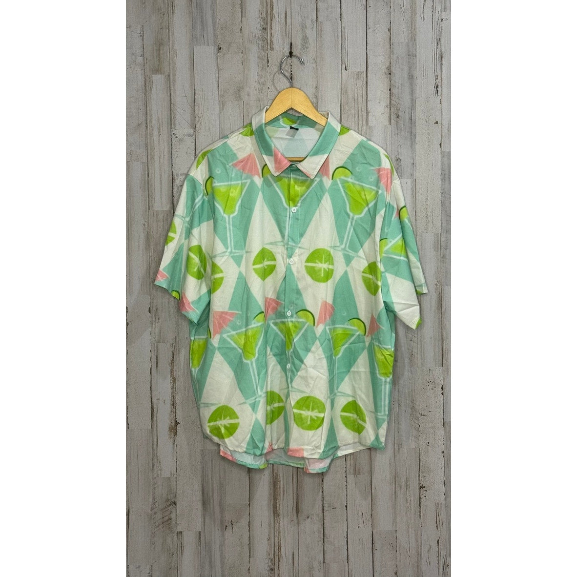 Men's 3XL Margarita Print Green & White Short Sleeve Button-Up Shirt