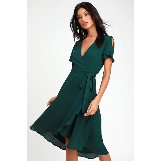 Lulus Women's Small Rise to the Occasion Emerald Green Midi Wrap Dress