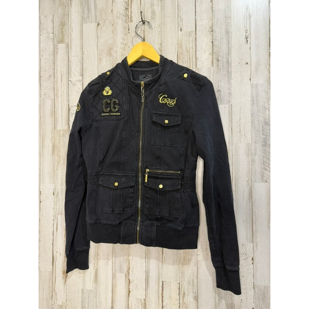 Coogi Women's Black Bomber Jacket Gold Embroidery Size Small Casual Zip-Up