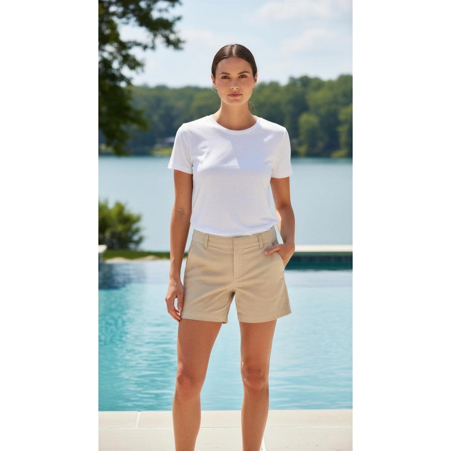 Crown & Ivy Caroline Chino Shorts Womens 4P Beige Flat Front Casual Golf