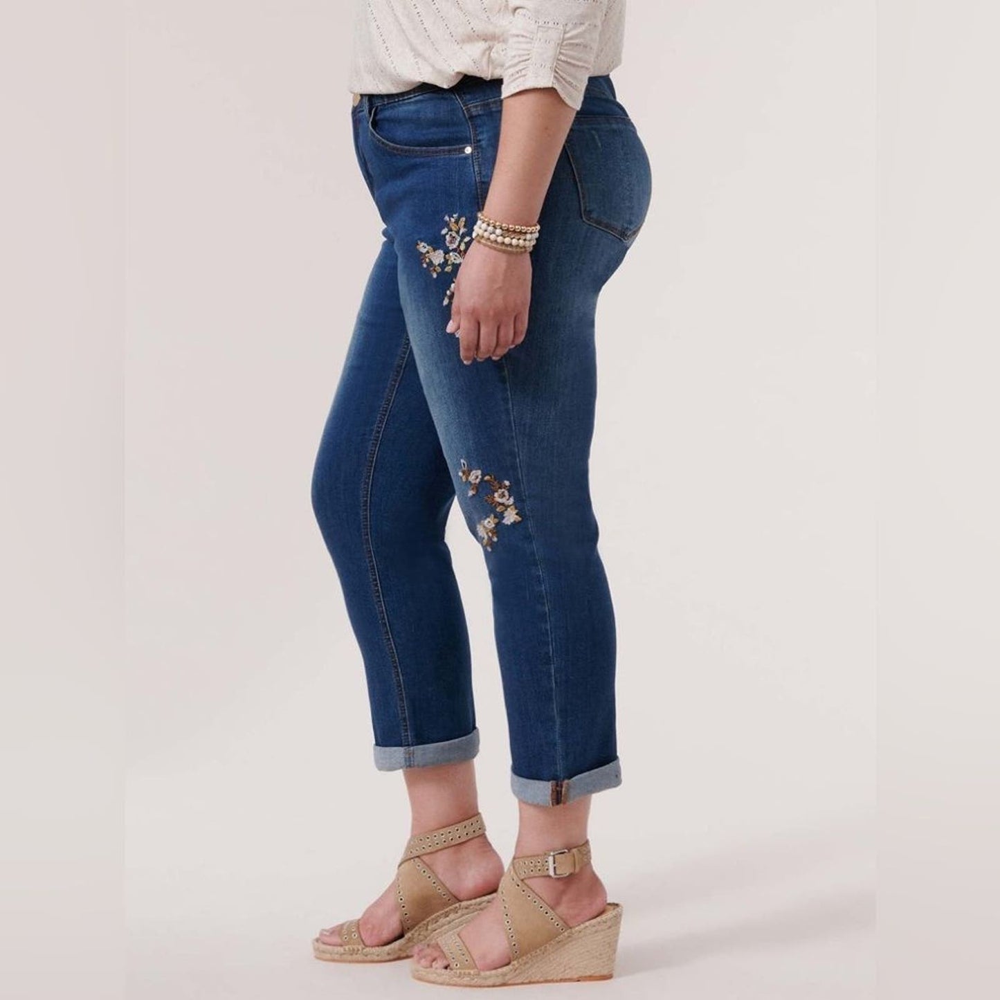 "Ab"solution® Roll Cuff Embroidered Plus Girlfriend Jean "Flex"-Ellent