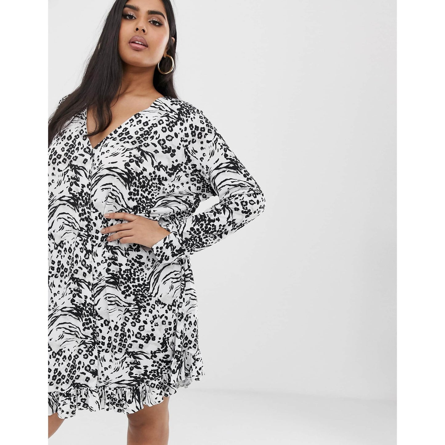 ASOS DESIGN Women's Size 16 Black Animal Print Long Sleeve Button Front Dress
