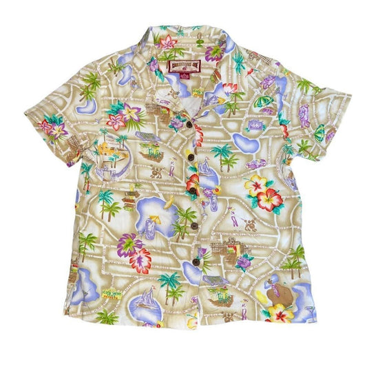 CARIBBEAN JOE button front shirt short sleeve map print Size Small