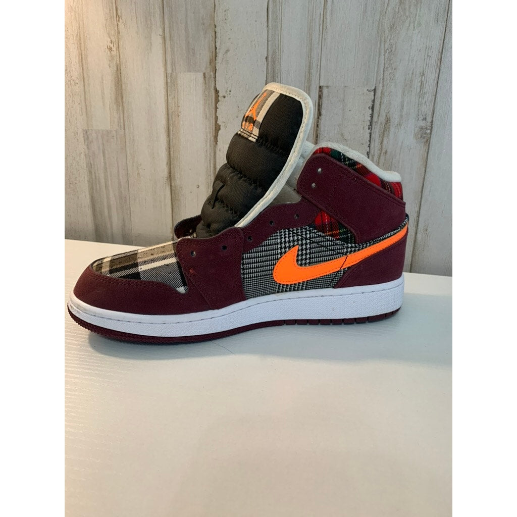 Nike Air Jordan 1 Mid SE GS Plaid Maroon Size 6.5Y No Laces
