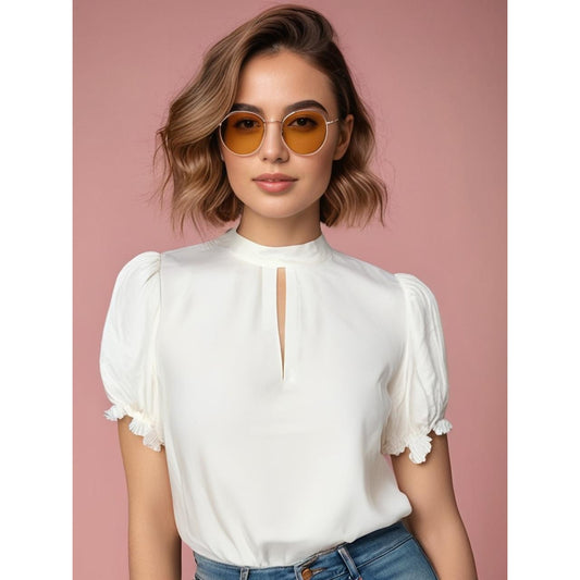 Frame Women's XL Ivory Keyhole Mock Neck Party Blouse Long Ruffle Sleeve