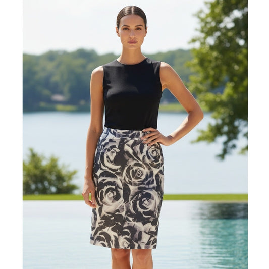 Banana Republic Skirt Womens Size 6 Gray White Rose Floral Pencil Knee