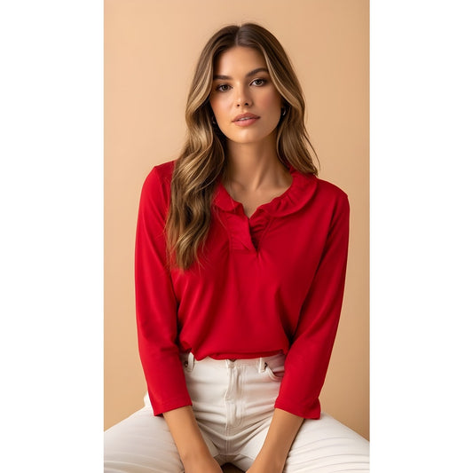 Lulu-B Women's Red Ruffle Neck Long Sleeve Blouse Size Medium Casual