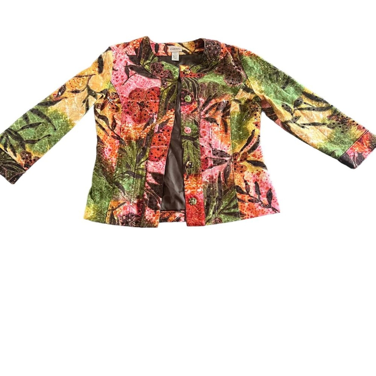 Chico's Blazer Womens Size 0/4 Tropical Floral Sequin Snap Front Jacket