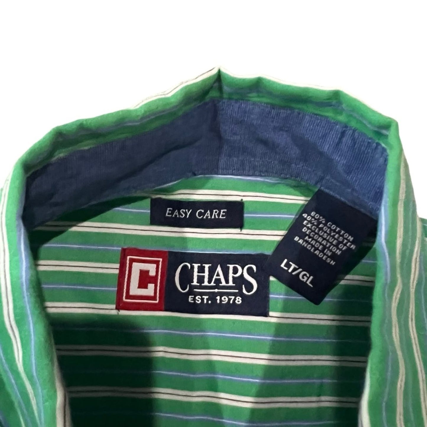 Chaps Easy Care Men's Green & White Striped Button Down Size Large Tall (LT)