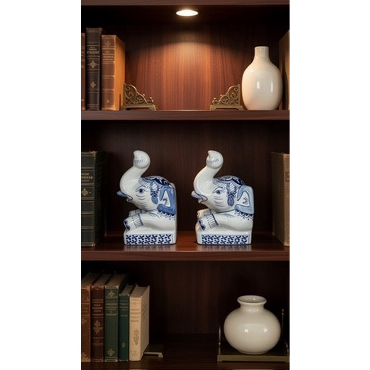 Vintage Hand Painted Elephant Bookends Pair Blue & White Chinoiserie Style