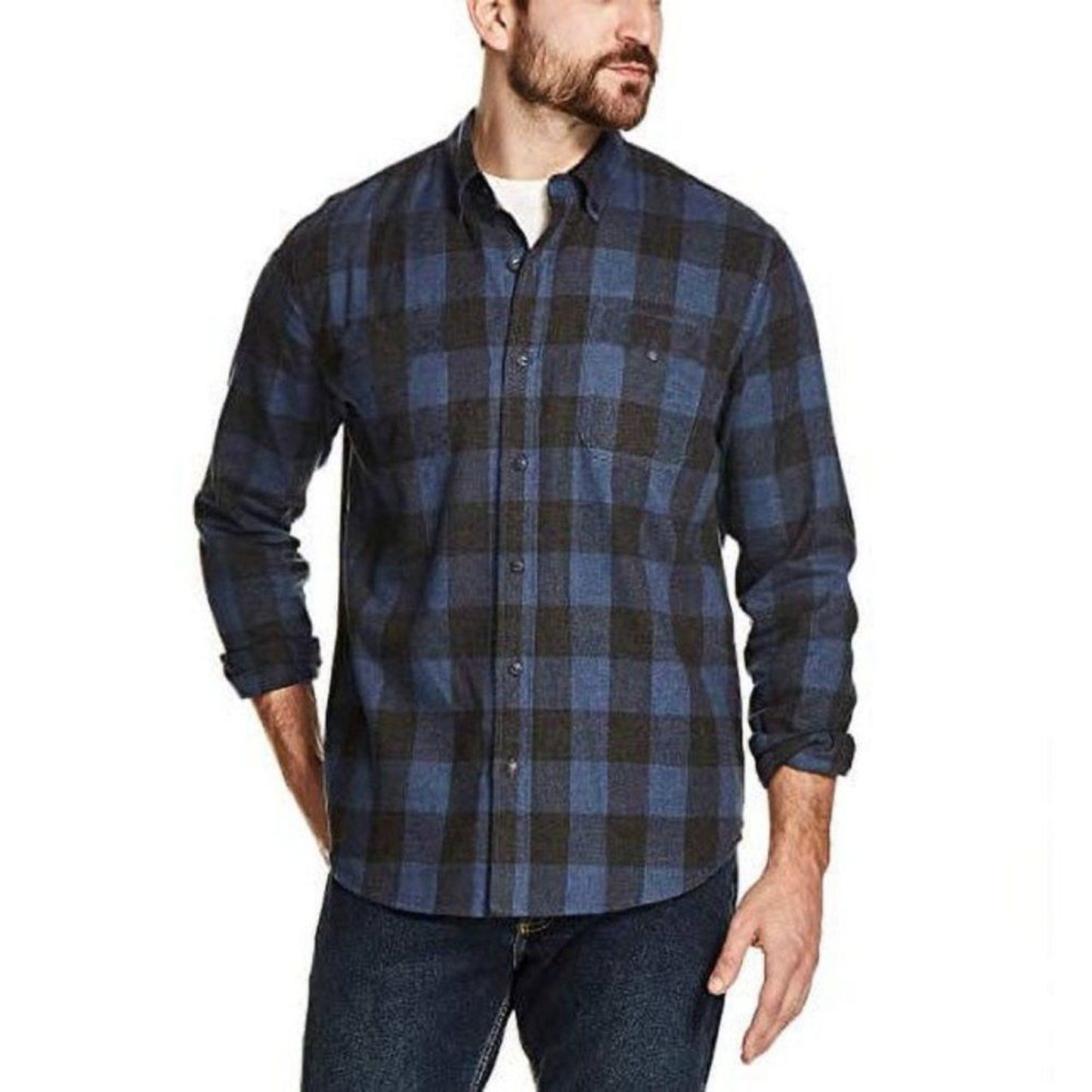 Weatherproof Vintage Shirt Mens XL Blue Black Plaid Flannel Button-Up