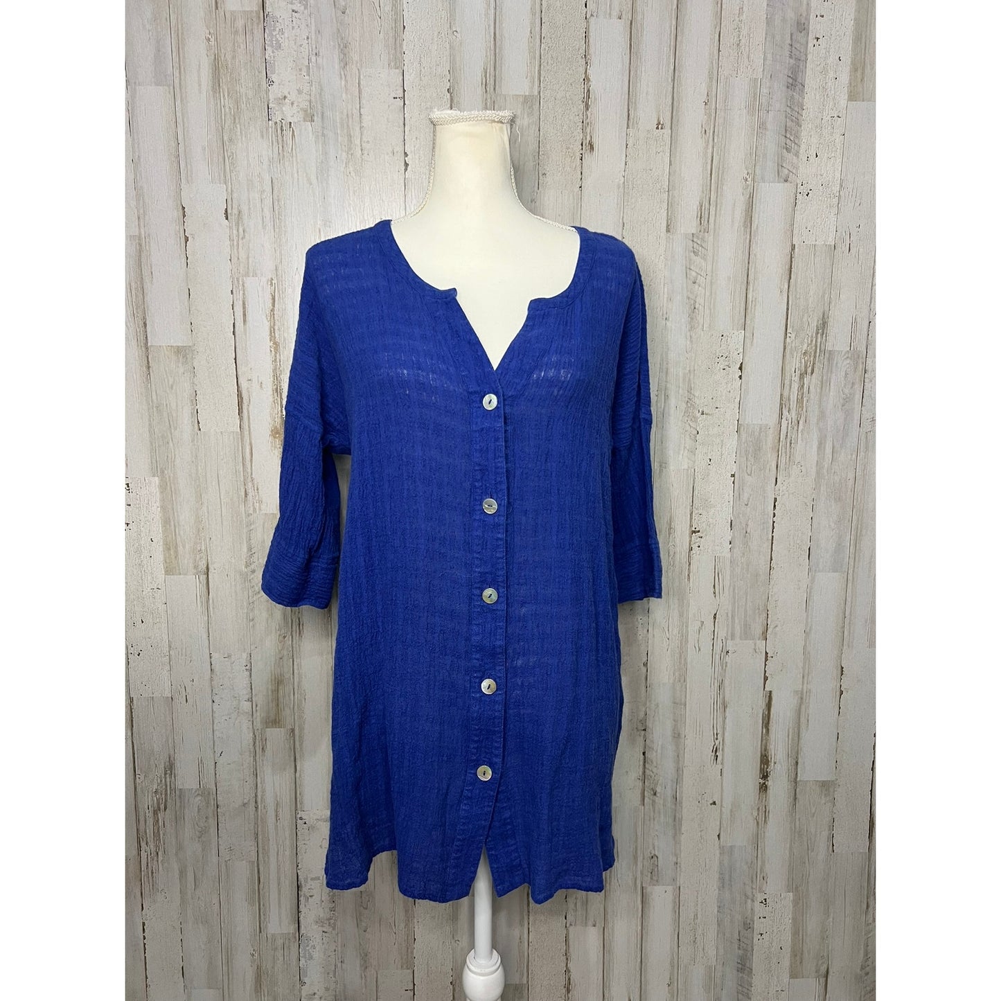 Soft Surroundings Women's XL Blue Linen Blend 3/4 Sleeve  Button Down Blouse