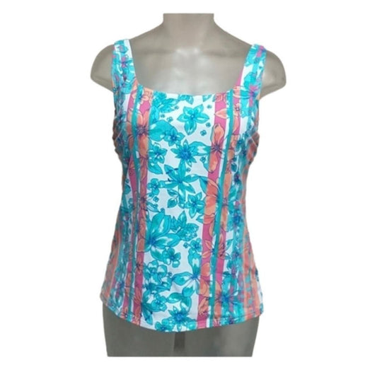 Land's End Aqua Orchard Mix Tankini Top 12DDD