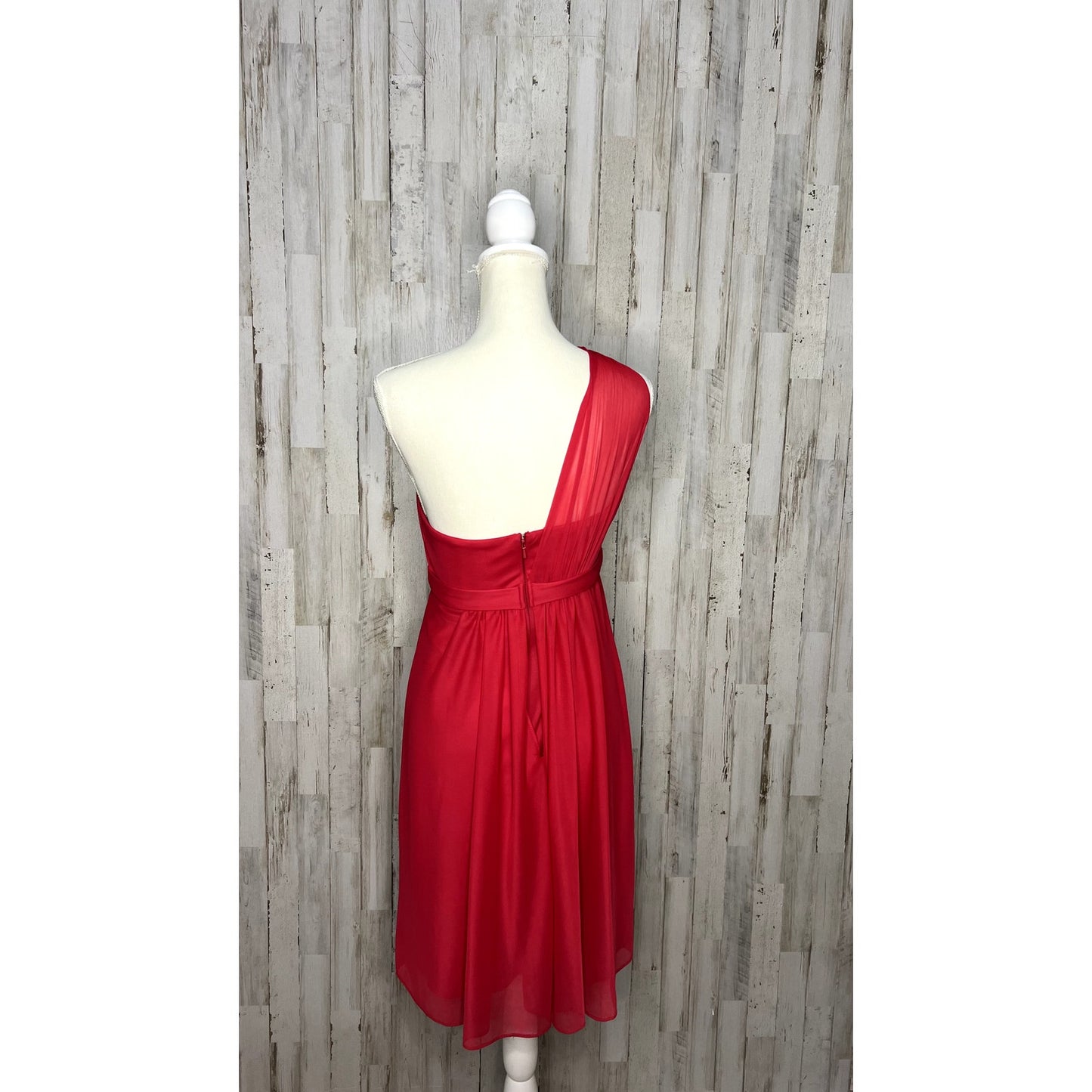 David's Bridal Women's 2 Red/Cherry One Shoulder Short Dress w/ Illusion Neck