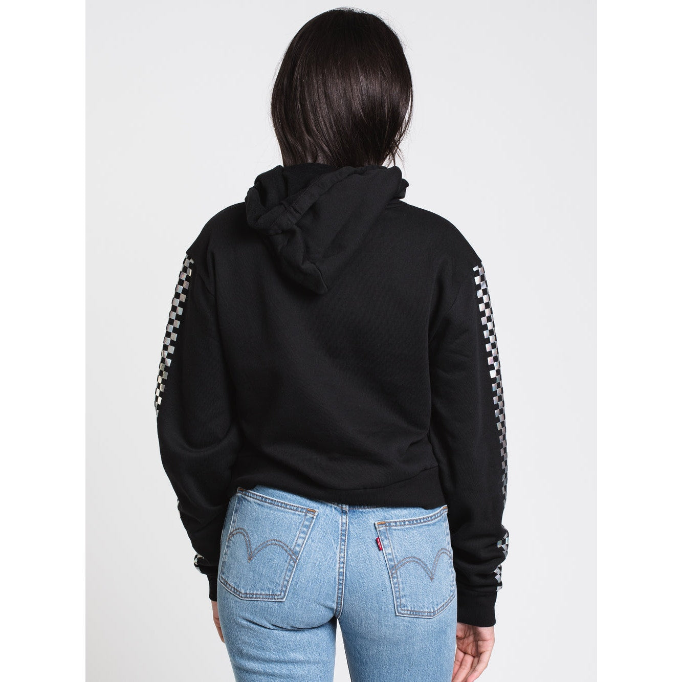 Vans Women's XS Black Shine It Cropped Checkerboard Sleeve Pullover Hoodie