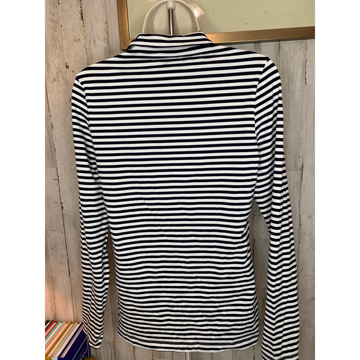 LOHLA Sport Womens Pullover Top Medium Navy White Striped 1/4 Zip Mock Neck